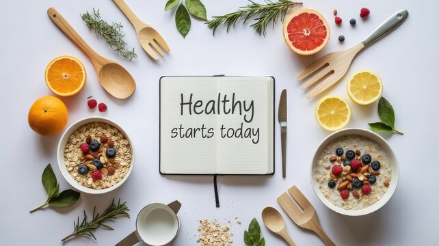 Open notebook with handwritten healthy starts today text surrounded by bowls of nutritious oatmeal fruit and wooden serving utensils