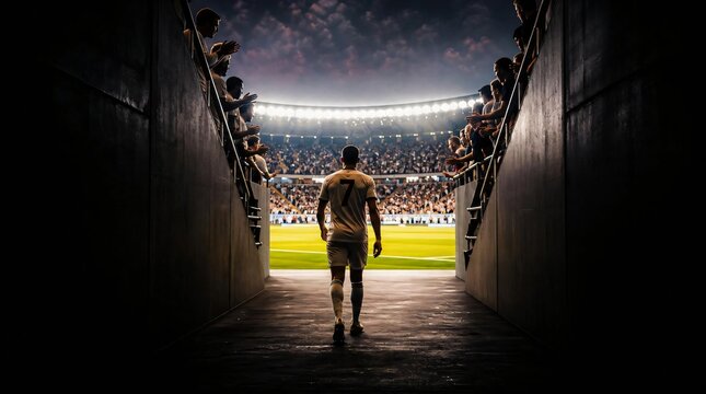 Football player entering a glowing stadium pitch through dark tunnel