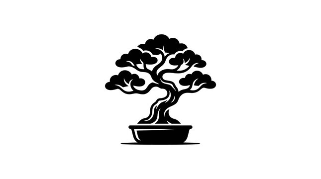 Artistic black bonsai tree with twisted trunk illustration.