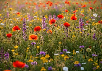 Fototapeta premium Colorful wildflower meadow in bright sunlight