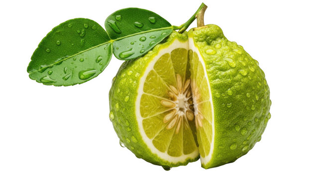 A halved kaffir lime fruit with green leaves, covered in water droplets, isolated against a solid black background