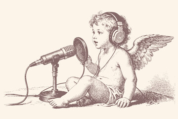 Obraz premium Vector engraving illustration of a cute baby angel with wings wearing headphones and singing into a studio microphone. Vintage art style.