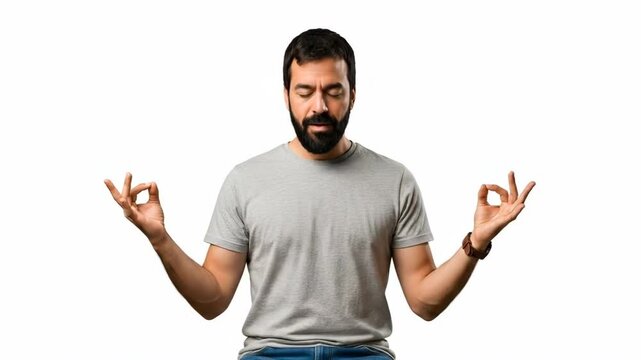 Man demonstrating yoga mudra gestures with closed eyes and relaxed posture