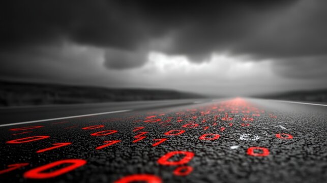 Dark Stormy Road with Red Binary Digits Glowing on Wet Surface