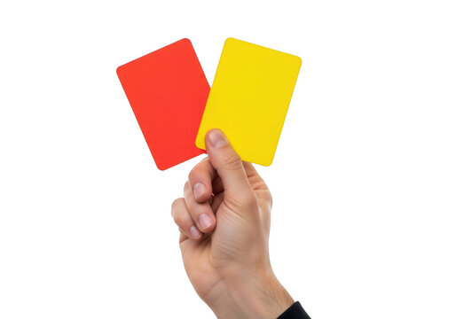 A human hand holding up a bright red card and a vibrant yellow card against a solid black background, representing sports penalties