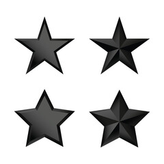 Fototapeta premium Black stars gleam with sharp edges. Each star shows a different angle and light reflection. They shine brightly against a plain white background. Perfect for rating, excellence, or achievement themes