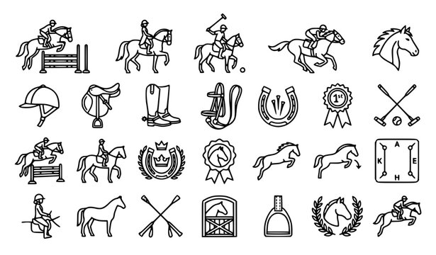 Monochrome equestrian and horse sport icon collection with editable stroke symbols