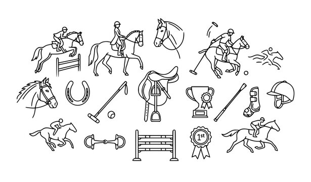 Minimal black and white equestrian line art icon set with horse riding sport symbols