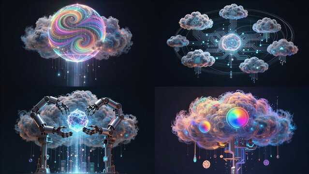 Clouds host glowing spheres brains and robotic arms in futuristic