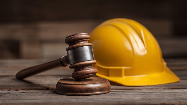 Gavel and yellow hard hat on wooden surface symbolizing construction accident lawyer and legal claim for worker injury.