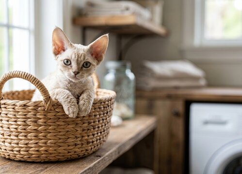 Generated AI set photos Adorable wavy haired Devon Rex kitten sitting inside woven basket in cozy laundry room