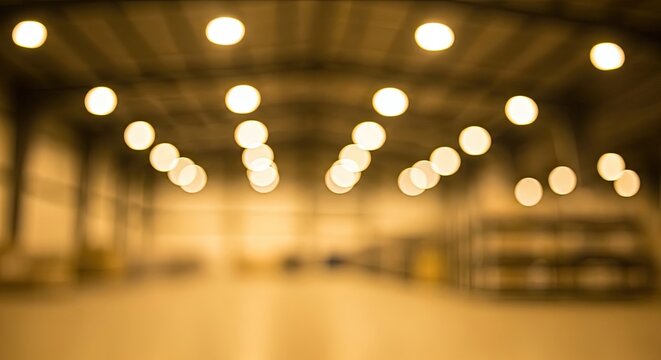 Blurred background of a large warehouse with bright, circular lights creating a bokeh effect.