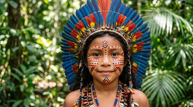 Portrait of indigenous child with feather headdress and face paint