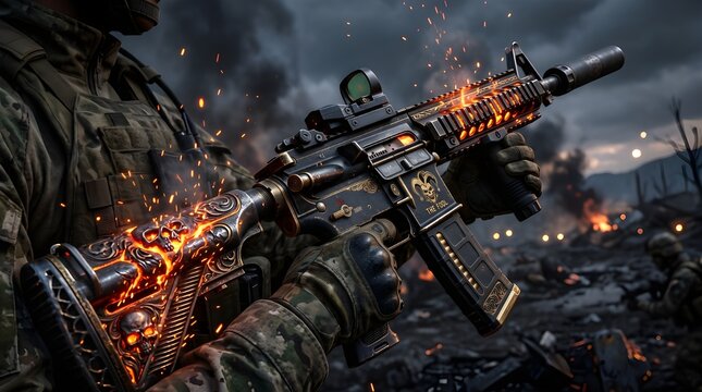 Soldier holding a custom assault rifle with flaming skull engravings