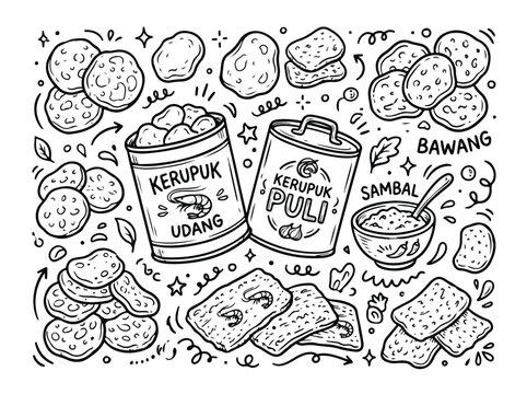Kerupuk udang and puri crackers.
