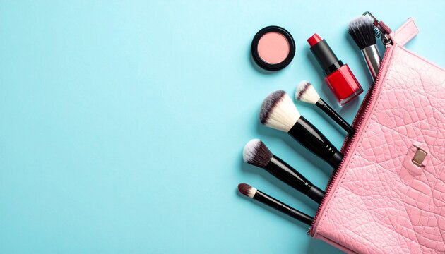 Cosmetic Bag Flat Lay with Copy Space on Blue Background. Top view of a pink makeup pouch with scattered beauty products, lipsticks, and professional brushes over a pastel cyan surface.