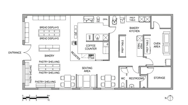 Architectural floor plan of a bakery cafe with kitchen, seating, and retail areas Keywords: architectural drawing, floor plan, bakery, cafe, interior design, kitchen layout, seating area, retail