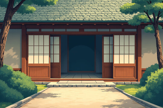 Traditional Japanese Ryokan Inn with Intricate Shoji Screens, Evoking Tranquility and a Sense of Rich Cultural Heritage