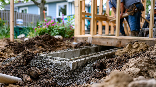 Basement egress window well surrounded by freshly poured concrete footer, framing crew erecting first wall section nearby, lower level renovation photographed at foundation stage in residential fini