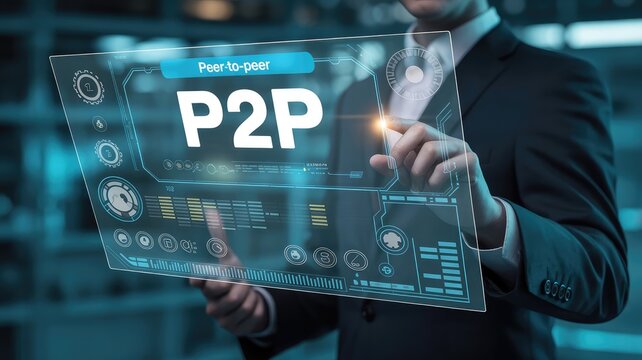 A corporate businessman interacts with a glowing holographic interface displaying p2p peer to peer financial data in a modern office