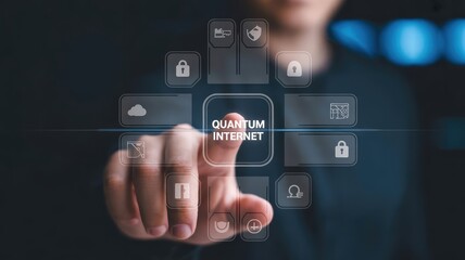 Naklejka premium Person touches a glowing quantum internet interface displaying futuristic security icons with a sleek blue light and digital technology aesthetic