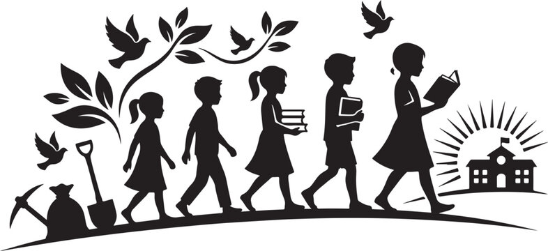 World day against child labour silhouette vector illustration with children leaving labor tools behind walking to school with books