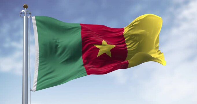 Cameroon national flag waving in the wind. Three vertical stripes of green, red, and yellow, yellow star in the center. Seamless 3d render animation. Slow motion loop. Selective focus