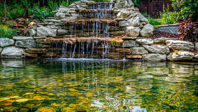 A serene pond with a small waterfall cascading down rocks into a green pond with lily pads