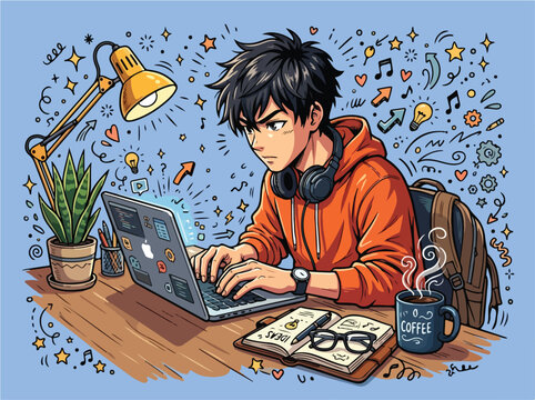 Young man working on laptop.