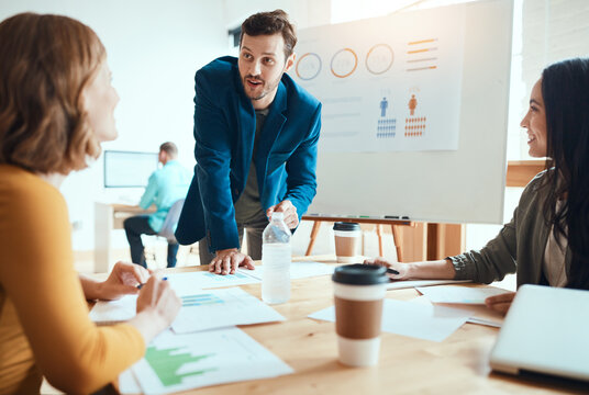 Business people, whiteboard and graphs for presentation, training and agency with workshop planning. Discussion, meeting and collaboration for creative, office and brainstorming for company and goals