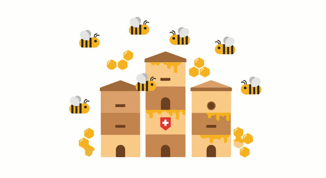 Cartoon bees buzzing around stacked beehives with dripping honey