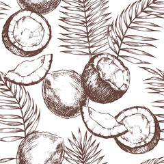 Seamless pattern of coconuts and palm leaves. Vector illustration in sketch style. © Tatiana