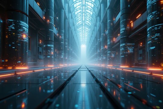 Futuristic sci fi corridor with glowing pillars and reflective floor