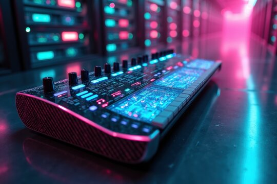 Futuristic electronic synthesizer glowing in a neon lit server room corridor