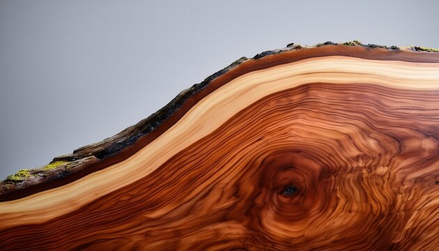 Fantastic Texture Of Large Lacquered Live Edge Suar Wood Slab With Knot On Light Grey Background Closeup