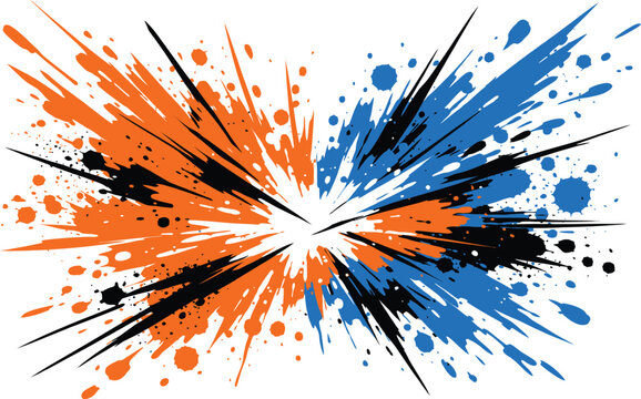 Vibrant abstract vector illustration featuring dynamic orange and blue paint splatters exploding across white background space
