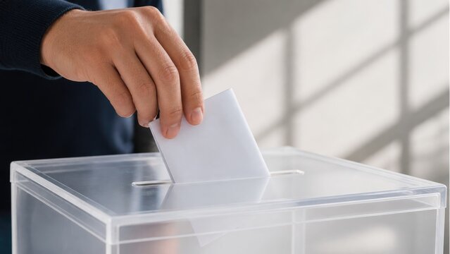 Voter casts ballot in clear box during election process at polling station on a sunny day