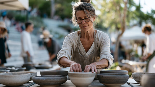 Vibrant weekend outdoor art market with a middle-aged female ceramicist arranging handthrown bowls on a folding table, early visitors examining pieces, city park background, artisan craft economy an