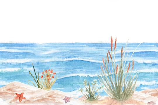 Watercolor seamless coastal border with ocean waves, sandy dunes, beach grasses and wildflowers. Hand painted seaside landscape for wallpaper, textile, stationery, branding, packaging and summer decor
