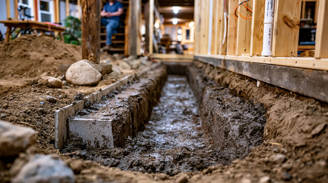 Basement egress window well surrounded by freshly poured concrete footer, framing crew erecting first wall section nearby, lower level renovation photographed at foundation stage in residential fini