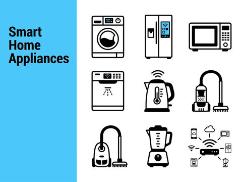 Collection of smart home appliances icons including washing machine, fridge, microwave, and more.