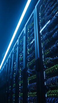 rows of server racks filled with organized cables, illuminated by cool blue and green lights, suggesting data center operations, technology, and networking infrastructure