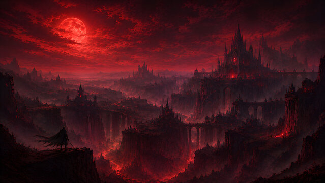 Infernal red fantasy kingdom under blood moon, dark gothic castle in apocalyptic wasteland, lone warrior overlooking cursed realm, cinematic horror fantasy digital landscape art