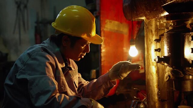 Industrial technician wearing safety helmet and gloves carefully inspecting heavy machinery inside a factory workshop under warm lighting. Industrial maintenance, engineering, repair, and manufacturin