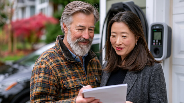 Homeowner reviewing final permit signoff on completed garage EV charger installation with inspector, both standing beside mounted unit with electric vehicle visible in background, residential clean 