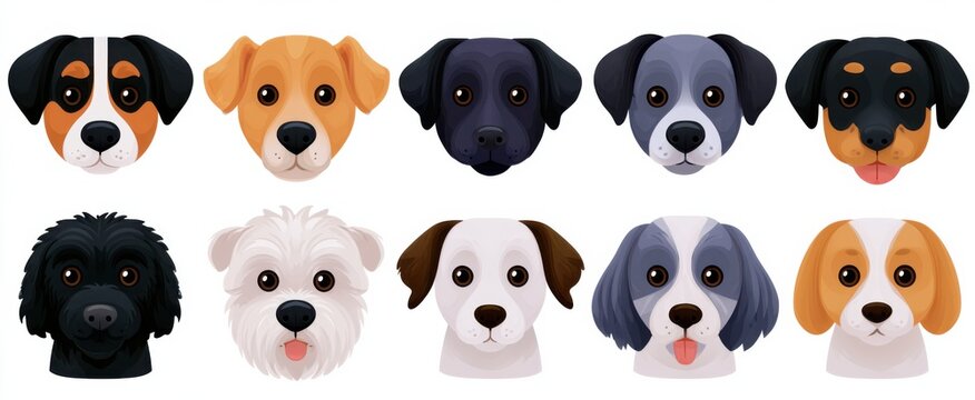 Playful dog animal face cartoon set in vibrant flat illustration style. Adorable puppy pet collection, various domestic dogs.