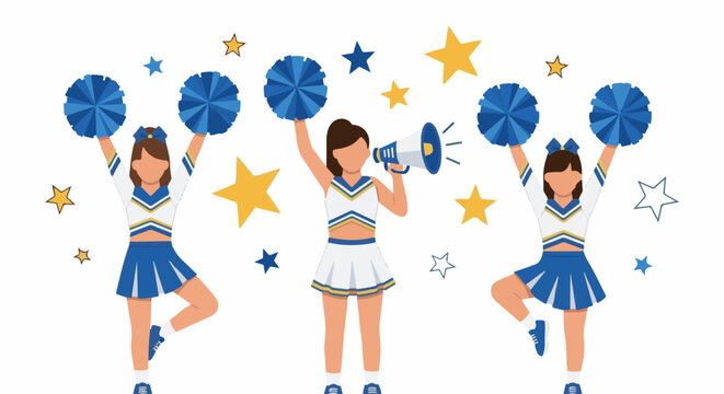 Cheerful cheerleaders in blue and white uniforms with pom-poms and megaphone