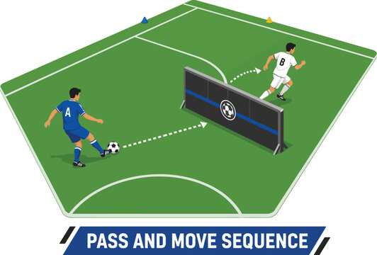 Soccer pass and move sequence, football training drill vector diagram