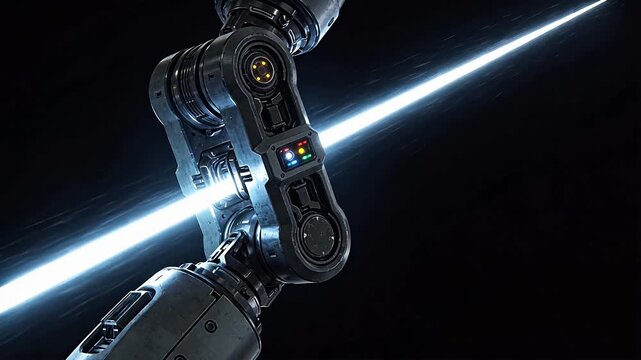 Mechanical robotic arm with metal joints and colorful indicator lights on black background