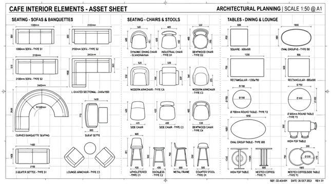 Asset sheet of cafe interior elements including seating, chairs, stools, and tables furniture catalog